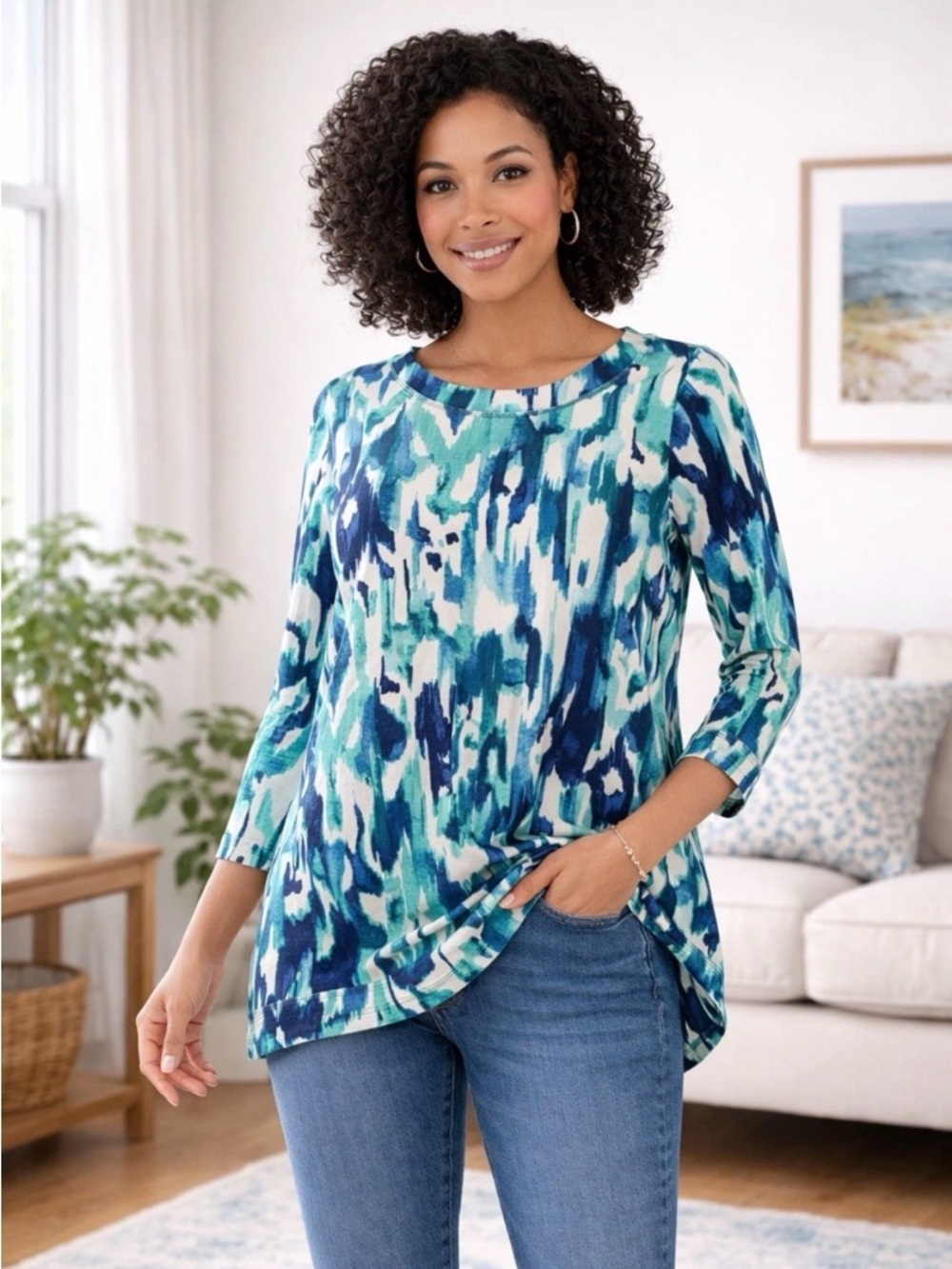 Belle by Kim Gravel QVC Abstract Print Tunic Top Size Small Boho Coastal Artsy